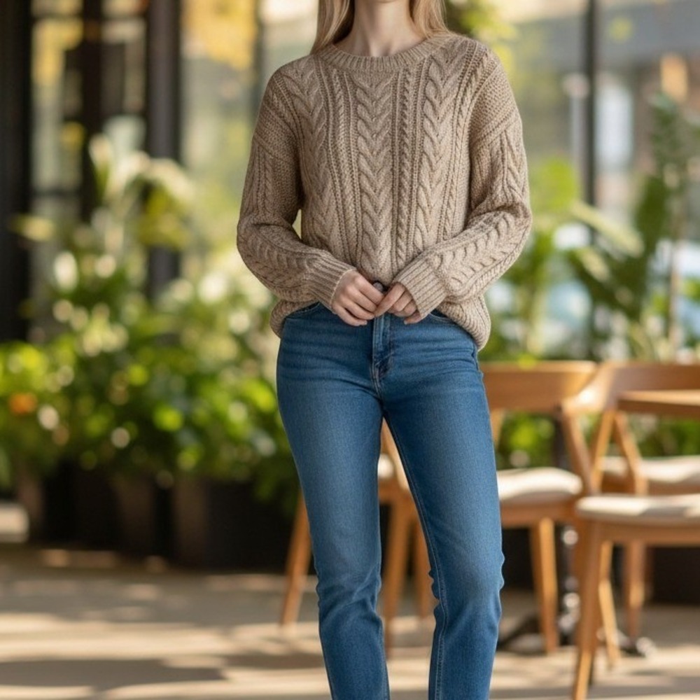 Denim & Supply Ralph Lauren Tan Cable Knit Cotton Blend Sweater Medium